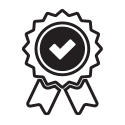 A black and white vector image of a checkmark on an award ribbon.