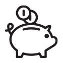A black and white vector image of a piggy bank with coins being put into the bank.