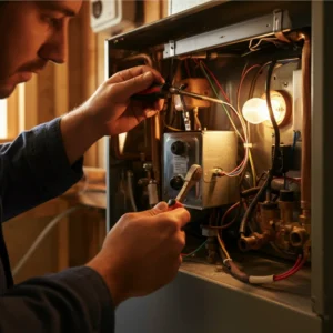 Connors HVAC technician working on a furnace