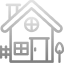 Simple line drawing of a house with a door, two windows, a chimney, and a small fence on the right side.