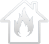 Outline of a house with a flame icon inside, representing a fire or fire hazard in a home.