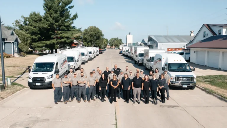Connors Plumbing, Heating, Air, & Electrical team stands on a residential street beside branded service vans, ready to serve customers.