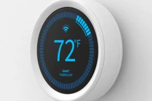 %Focuskw% | Connors Plumbing, Heating And Air A Connors technician installs a wall-mounted smart thermostat set to 72°F, featuring Wi-Fi connectivity and blue indicator bars.