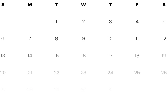 A simple monthly calendar showing the first 19 days with dates 1 to 19 in black and remaining dates 20 to 31 in light gray.
