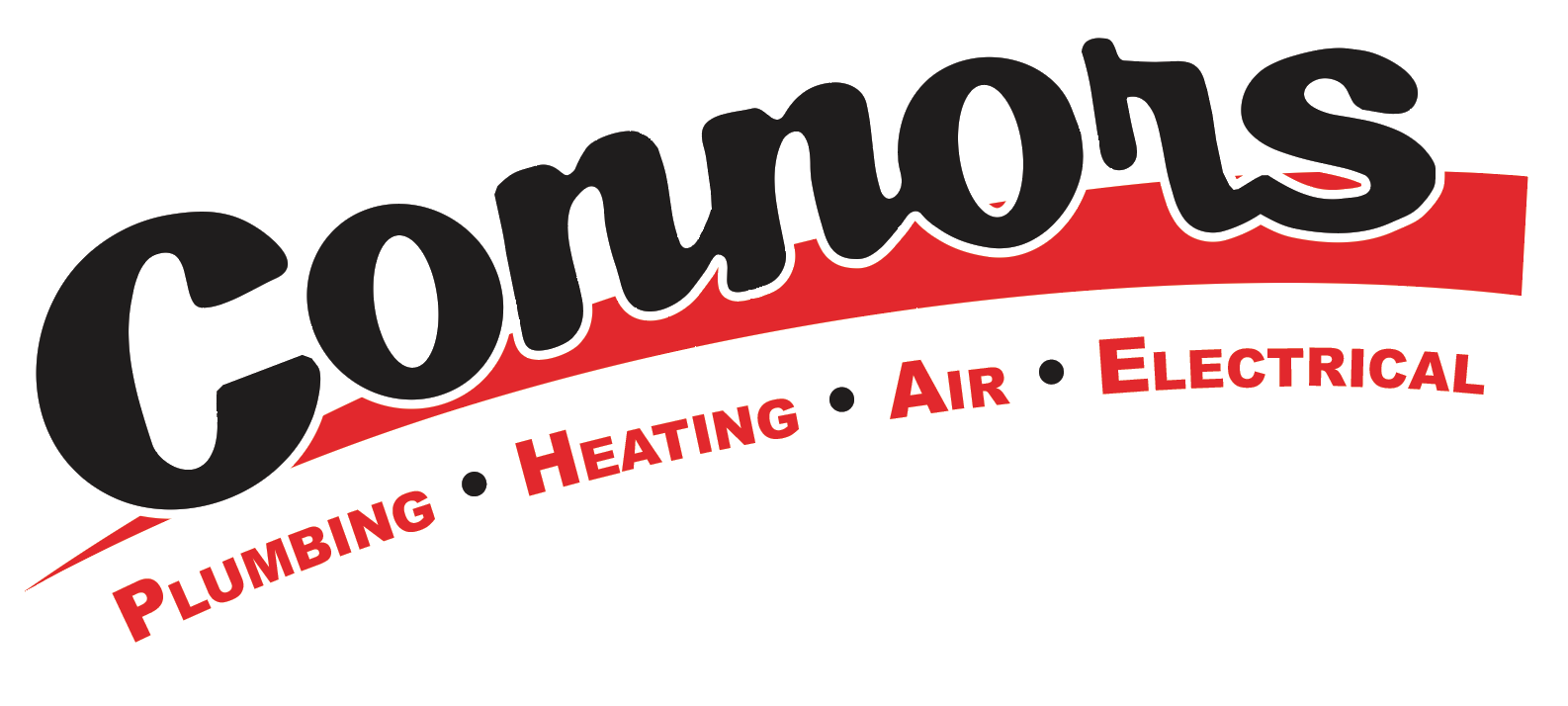 Logo for Connors featuring bold black text with a red underline listing services: Plumbing, Heating, Air, and Electrical.