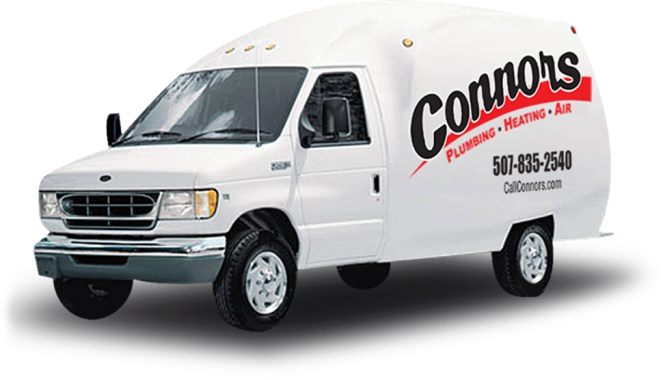 White van with "Connors Plumbing • Heating • Air" and contact information printed on the side.