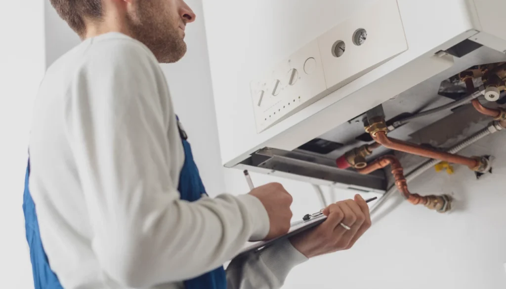 A technician inspecting a boiler