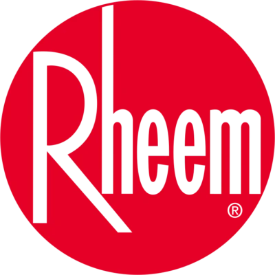 The Rheem logo, displaying "Rheem" in crisp white lettering within a bold red circle, represents trusted quality.