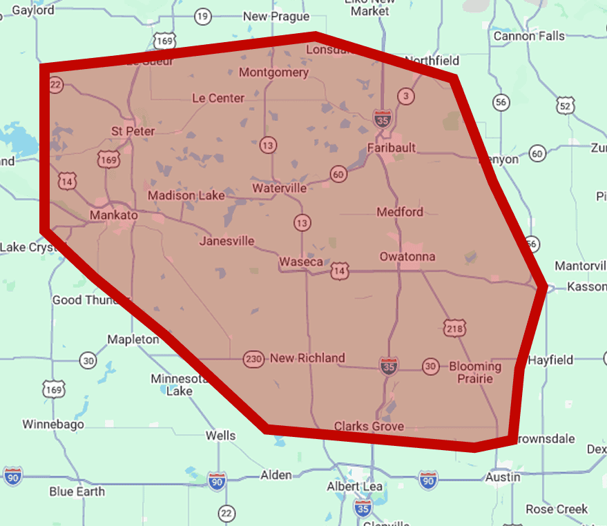 This map of southern Minnesota highlights Connors Plumbing, Heating, Air, & Electrical’s primary service area with a red border. It includes key cities such as Mankato, Owatonna, Waseca, Faribault, and New Richland. Major roads and highways are clearly marked to help customers easily identify the locations Connors proudly serves.